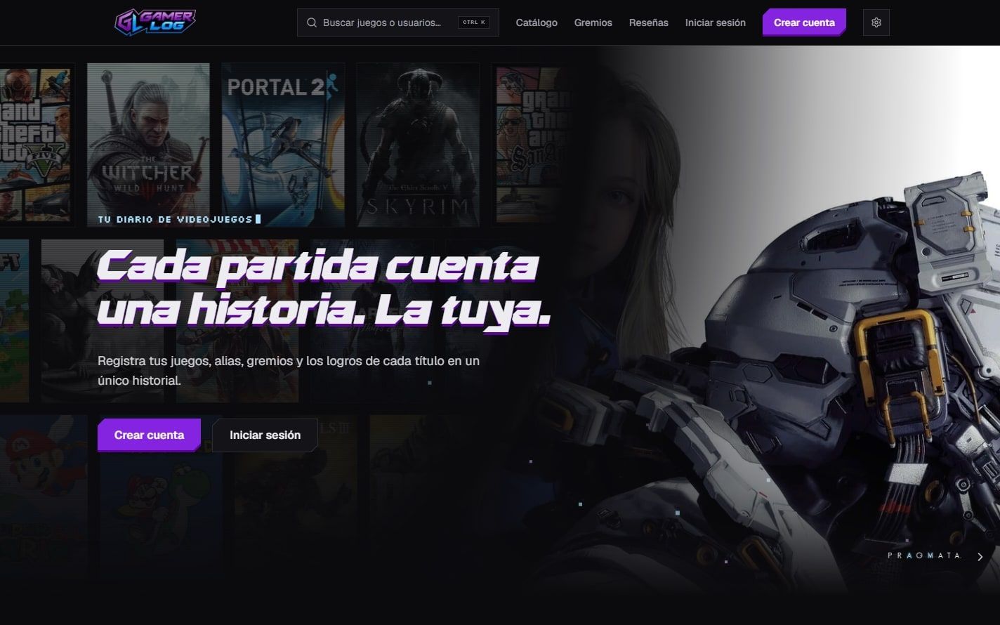 GamerLog home page with the headline “Cada partida cuenta una historia. La tuya.” over a wall of game covers